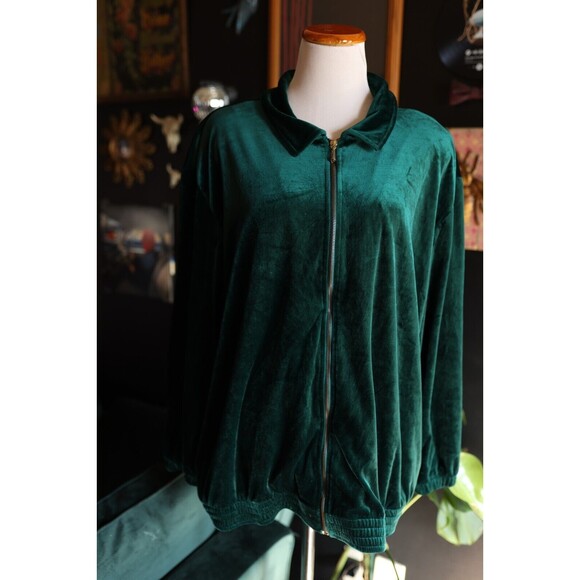 Vintage Teddi Emerald Green Mob Wife Velour Track Jacket Velvet Size 2X - Picture 1 of 11